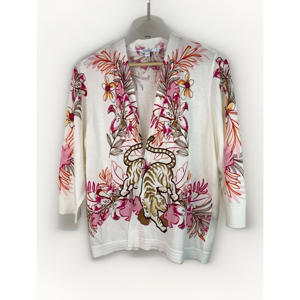Chico's Women's L Ivory Colorful Tiger Lily 3/4 Sleeve Cotton Blend Sweater